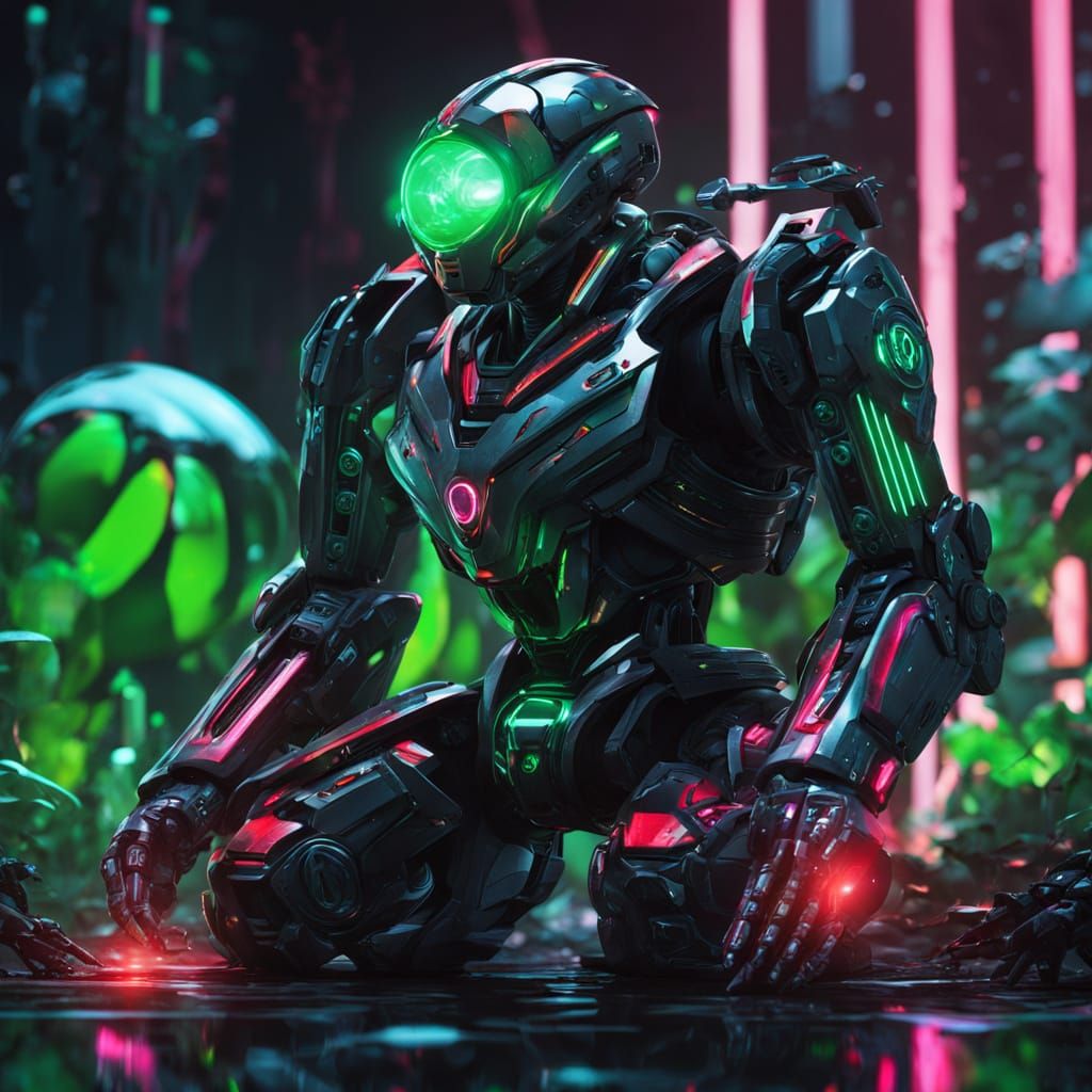 Vibrant Crimson Robot Harvests Apple in Futuristic Scene