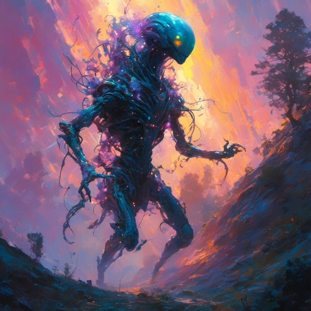 <lora:MJ6 Sci-Fi Aliens:1.0> Whimsical Wisp: A playful alien sprite that flits through the air, leaving trails of shimmering light in its w...