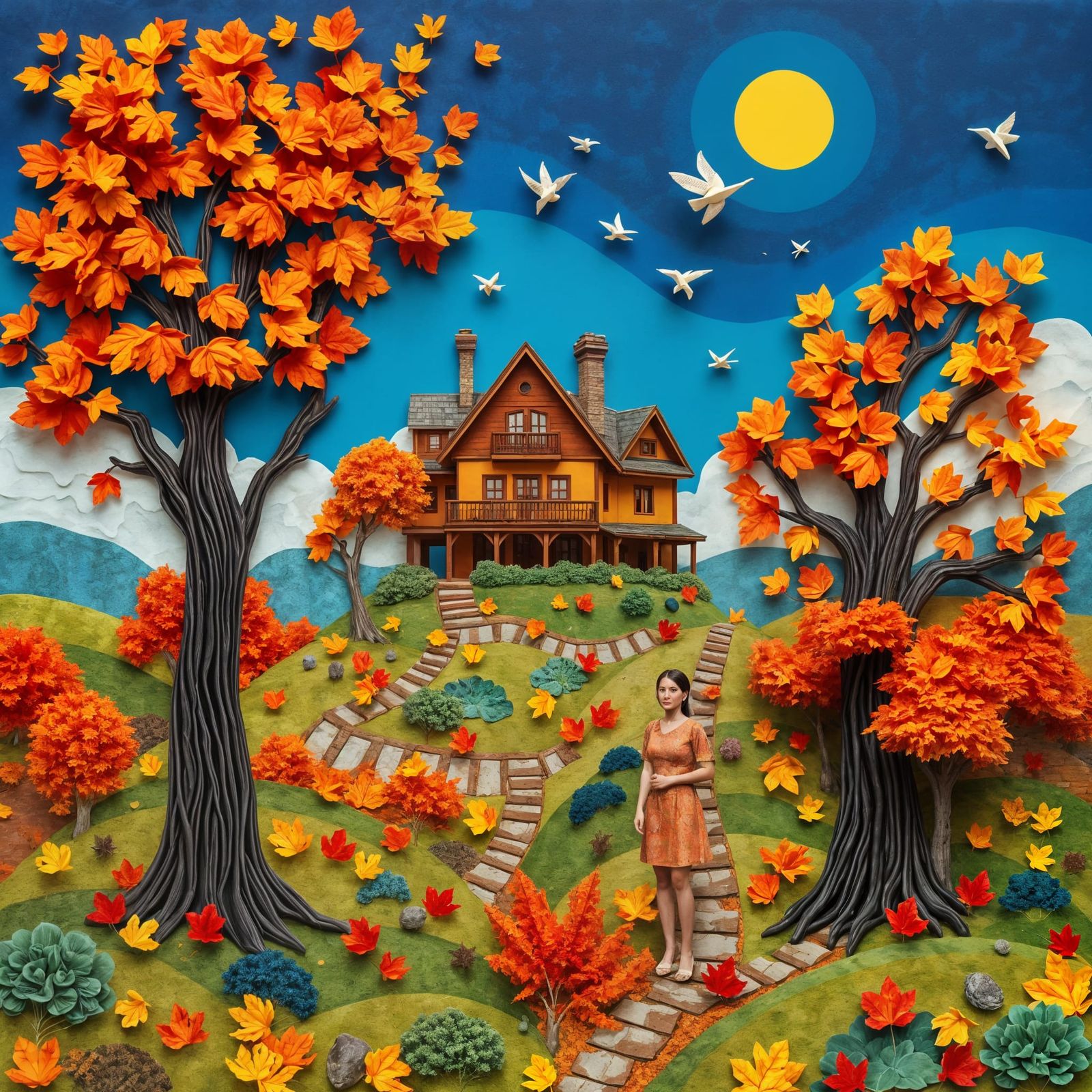 Hilltop House Paper Collage Art.