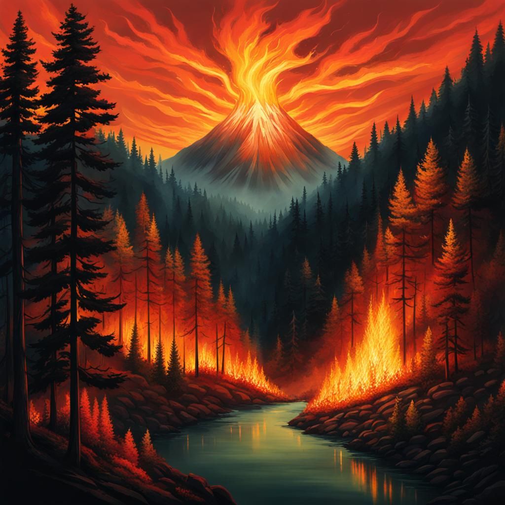 A forested mountain on fire