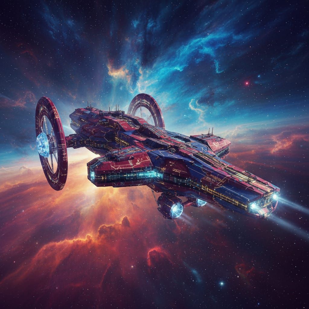 Majestic Spaceship in Crimson, Blue, and Purple Soars Throug...