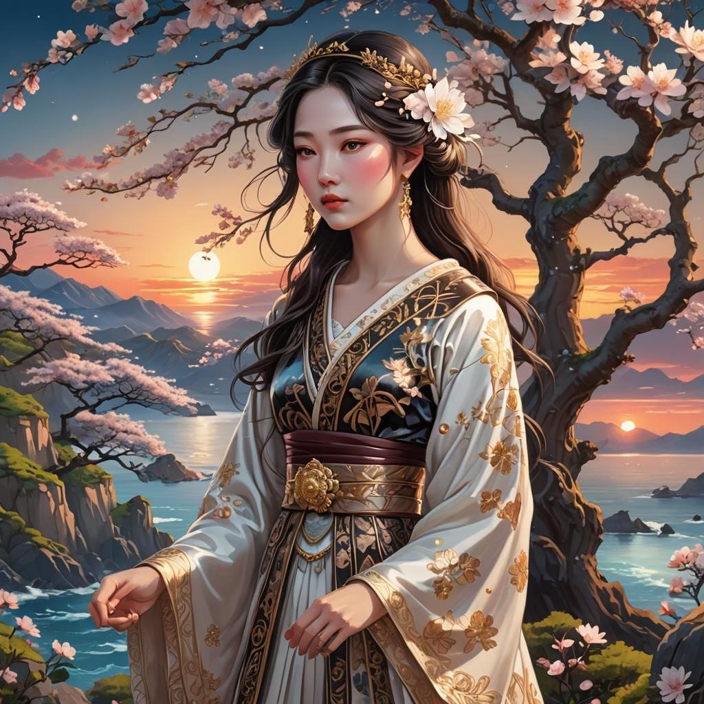 Authentic Japanese Princess Overlooking Sunset, Astral Illus...