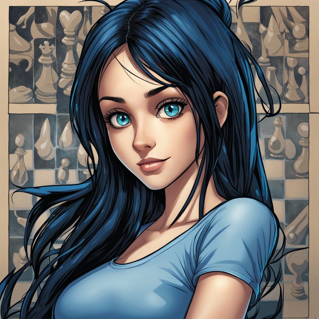 female manga character, big blue eyes, long black hair, mischievous smile,  tight t-shirt with drawn chessboard and chess pieces Mark Brooks... - AI  Generated Artwork - NightCafe Creator