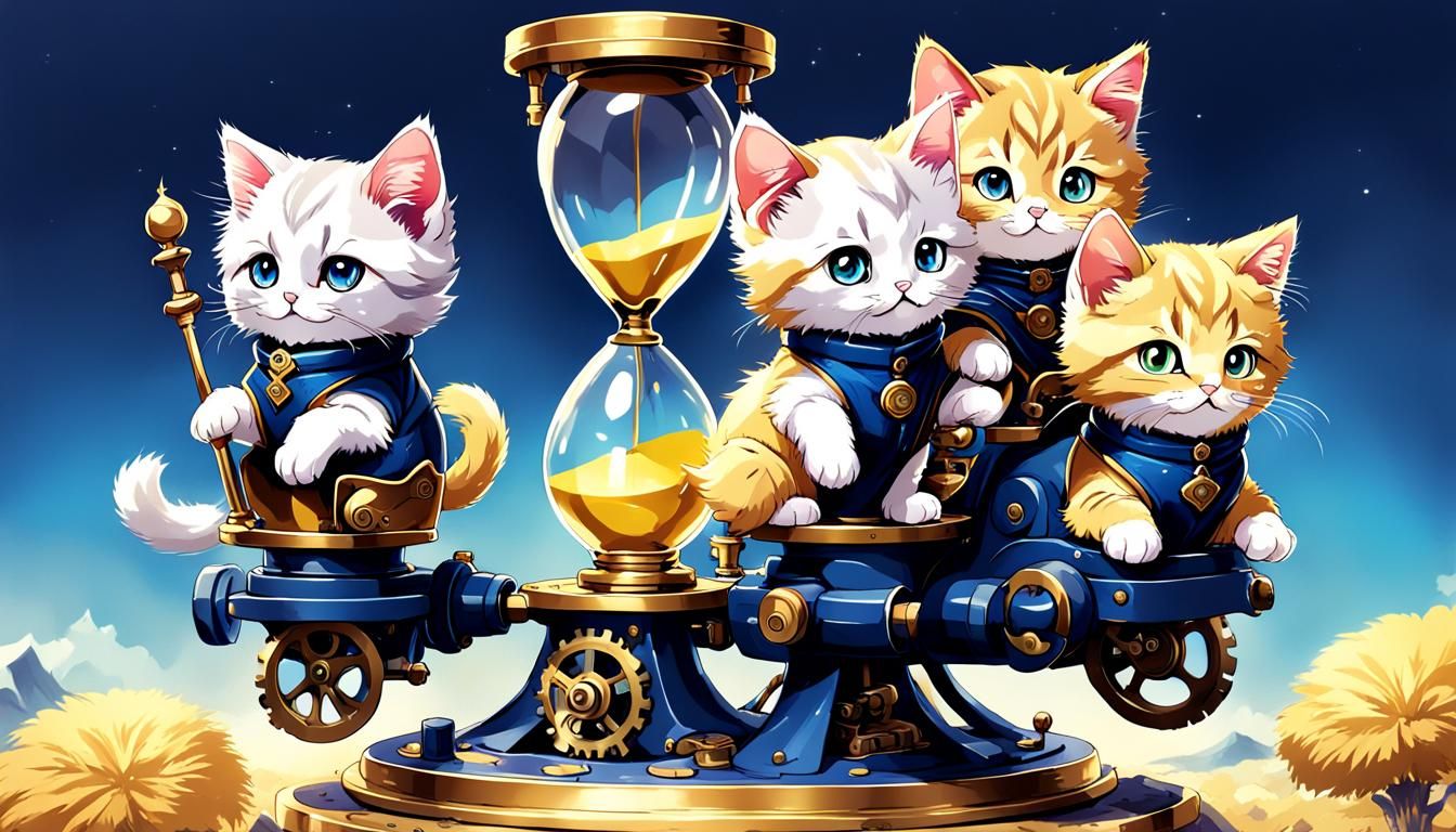 Fluffy kittens riding a mechanical hourglass