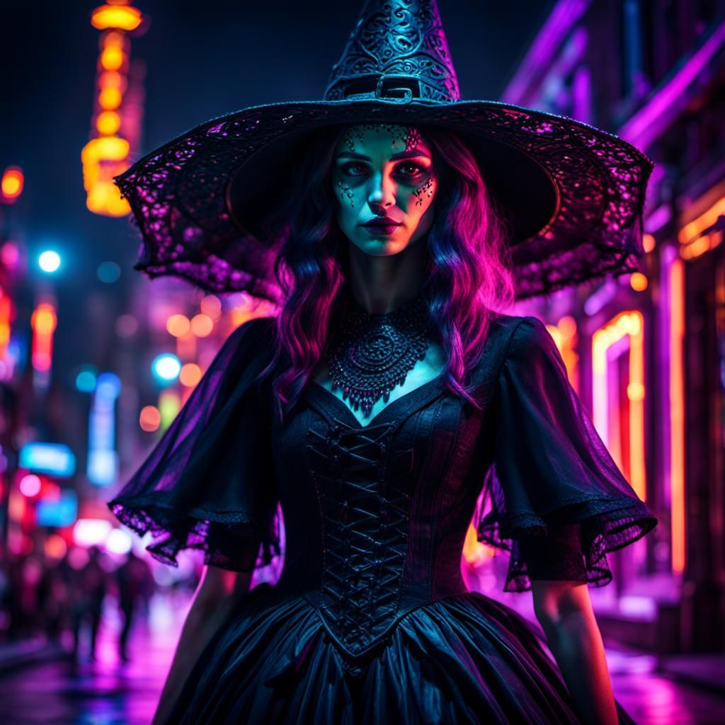 neon witch with a black dress