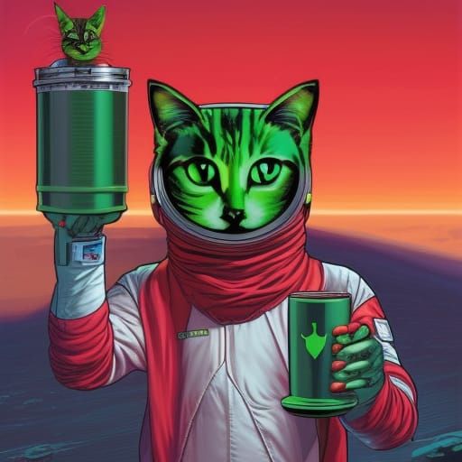 Green alien cat 
astronauts with Space X drinking cups of co...