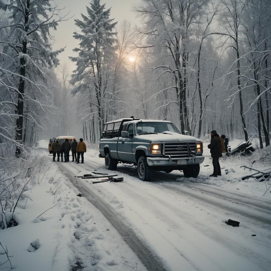 Modern time. Quebec, Canada. Devastated winter landscape. A ...