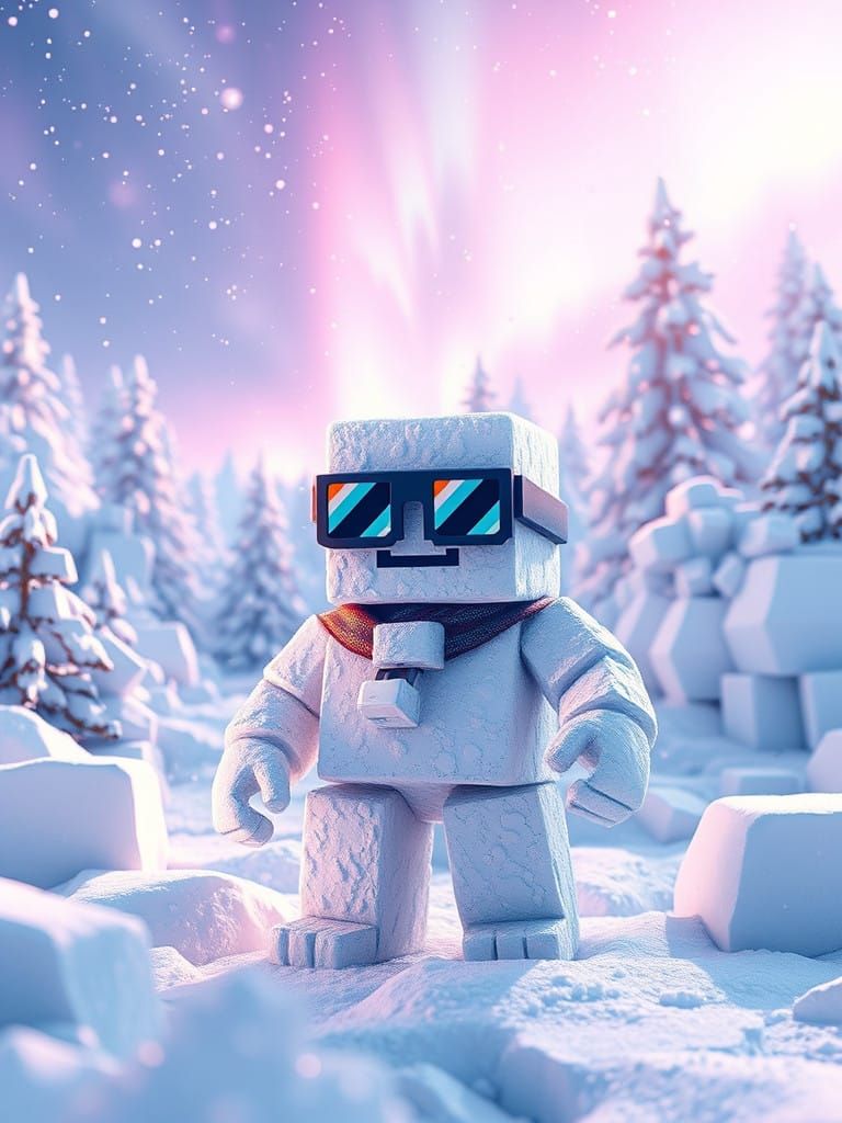Minecraft::snow golem:: wearing sunglasses ::in a snow biome:: winter wonderland::8-bit:: colorful:: ...  by @  debster