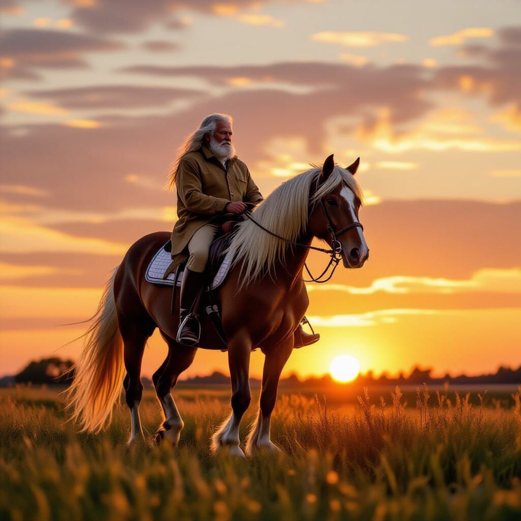 Majestic Horse and Rider at Sunset in Impressionistic Style