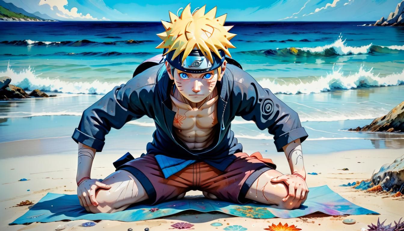 Naruto doing yoga on the beach,