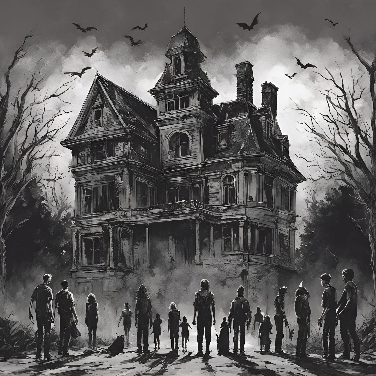 A group of student scared in front of a horror manor - AI Generated ...