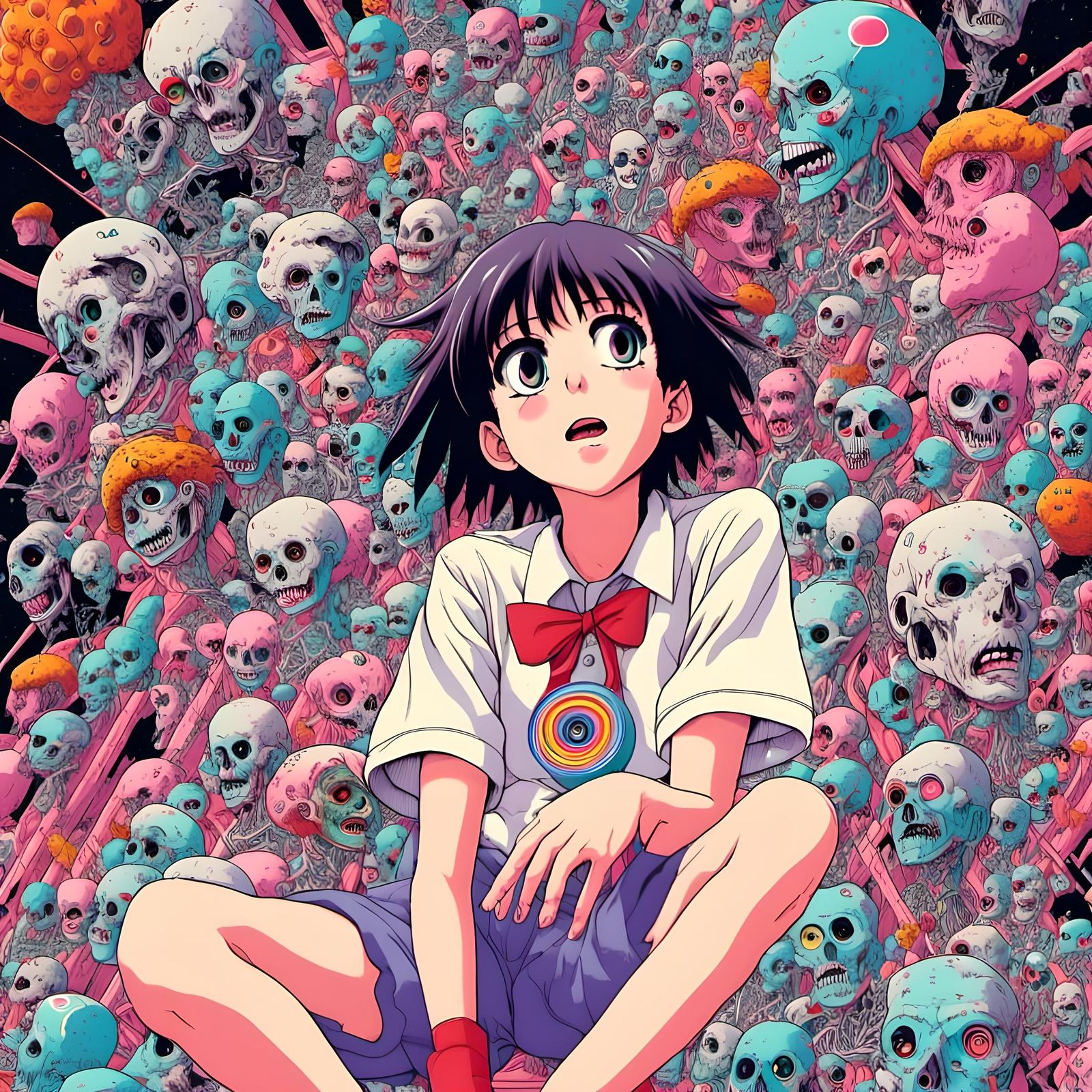 <lora:accent:1.0> retro | anime | horror  | surreal | maximalist | optical illusion | 90’s anime still | weird trippy manga