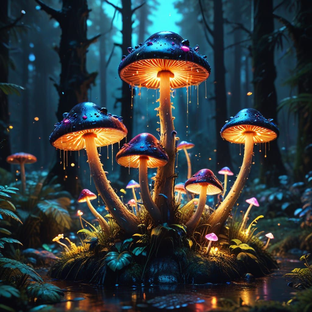 Glowing Mushrooms in Magical Forest Graffiti Masterpiece