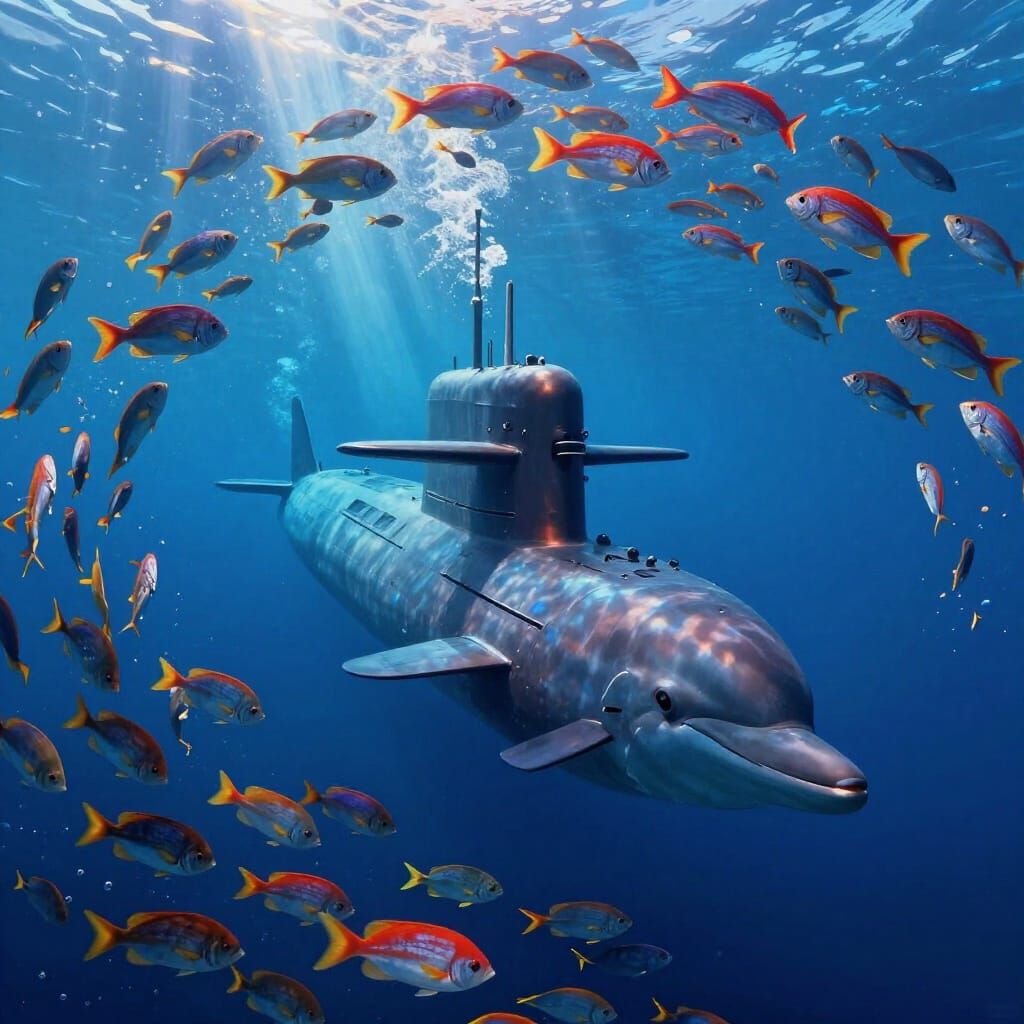 Nuclear Submarine With Dolphin Prow and Giant Fish