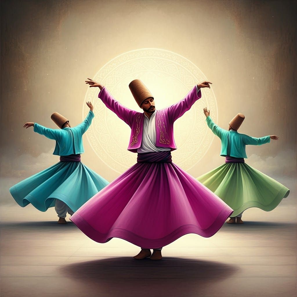 Three abstract men dancing dervishes wearing skirts one wear...