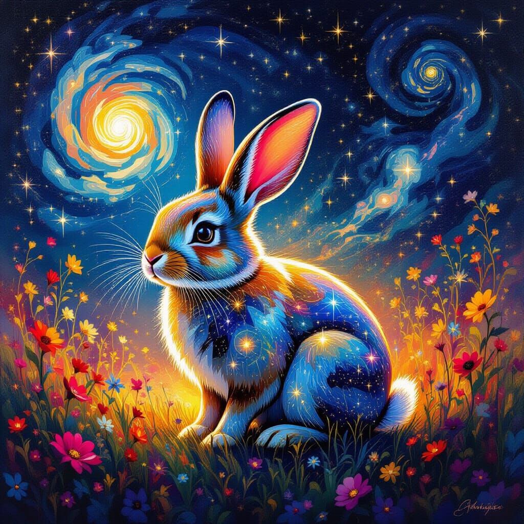 Cosmic Rabbit Portrait of Glowing Constellations
