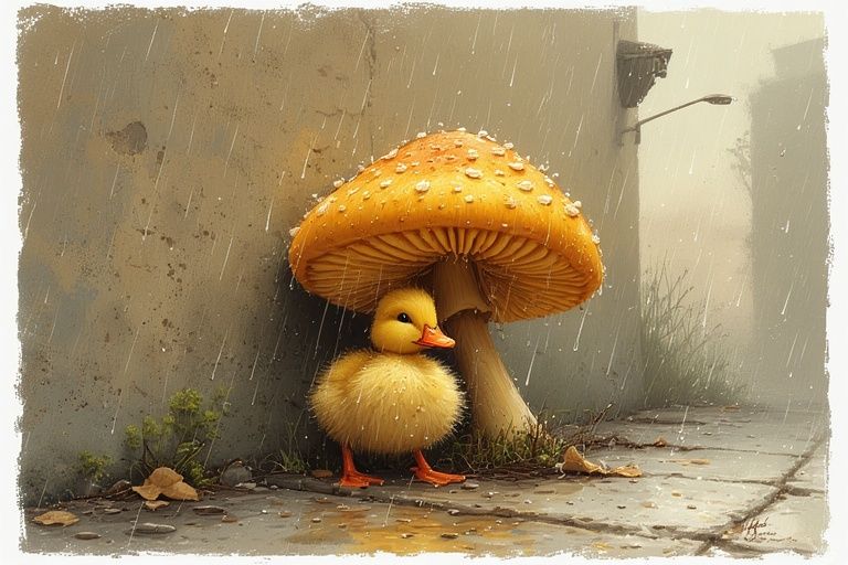 Duckling Under a Mushroom During Rain