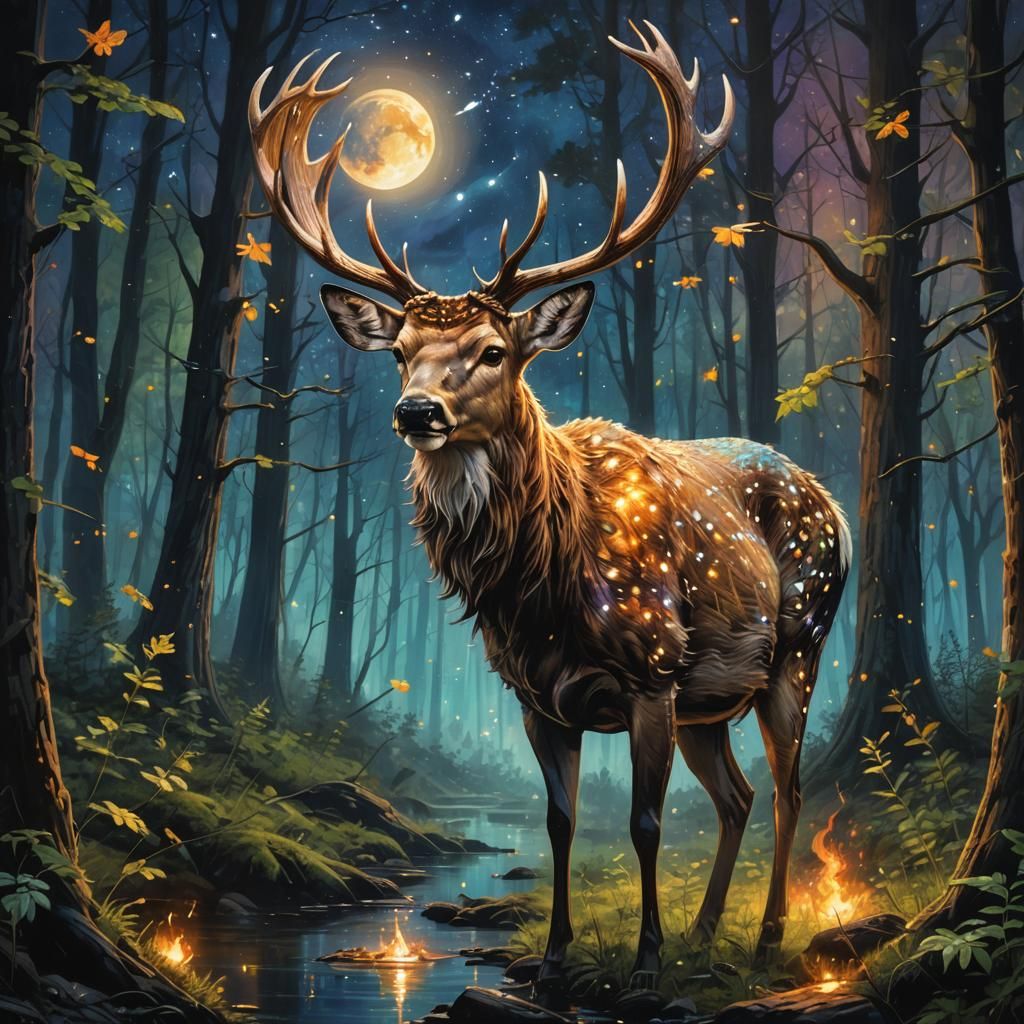 suspended stars piece of moon
deer in the forest at night fi...