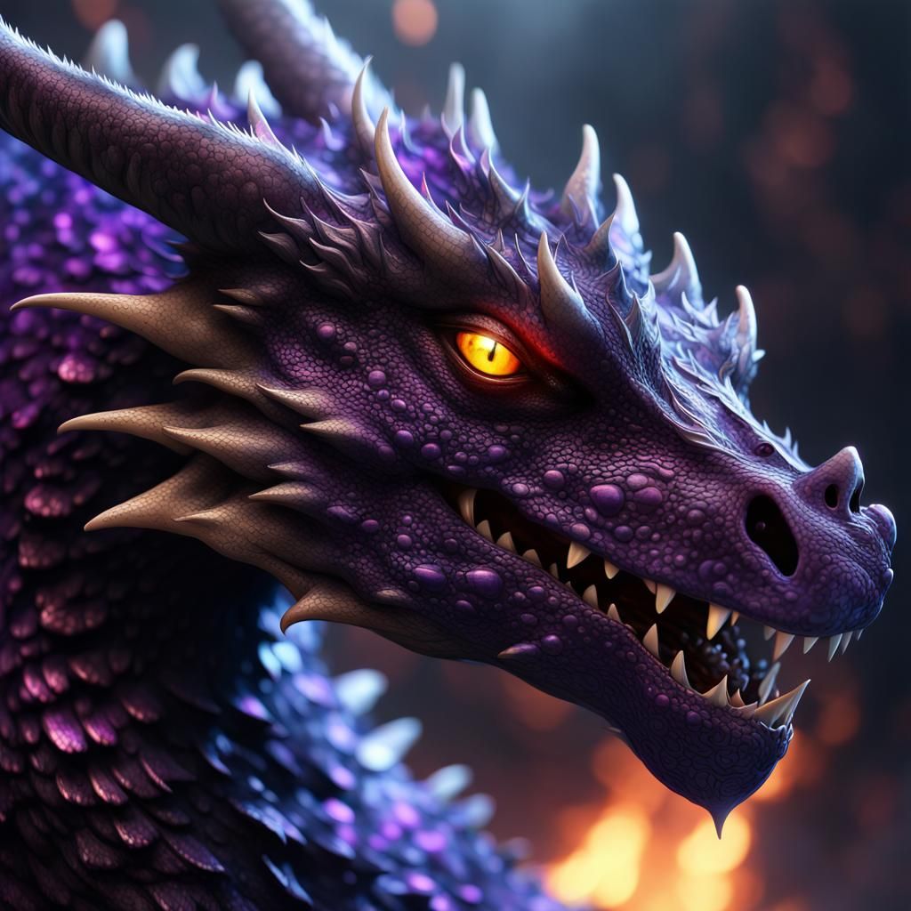 Fierce obese dragon, large sparking eyes, intricate dark black purple ...