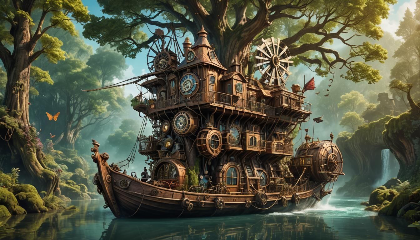 A whimsical steampunk floating  boat