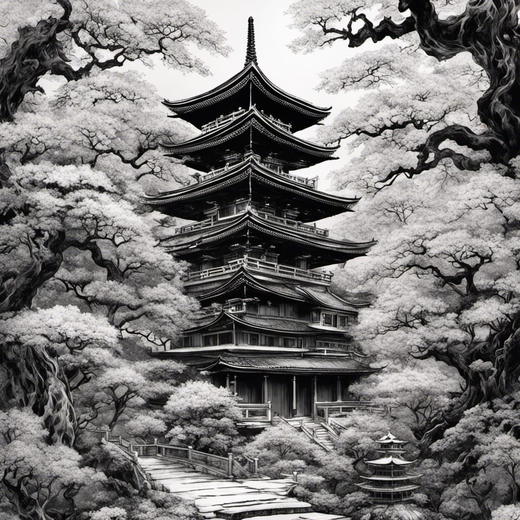 Pen and Ink: Japanese Temple and Sakura Garden  by @Elaine AJ