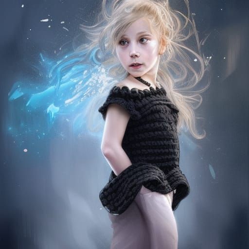 A six year old daughter wearing A black and blue crochet dre...
