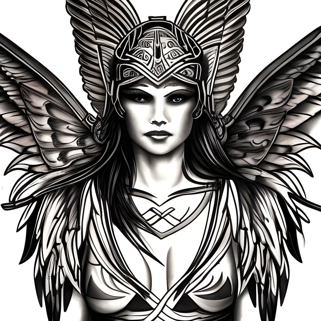 Tattoo, sketch, full body, valkyrie, norse female warrior, winged