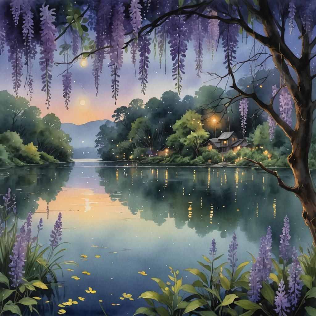 fireflies, lake, wisteria, watercolor