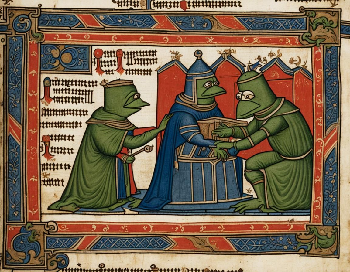 page from a 14th century monk's manuscript illustrating an epic battle between r2d2 and pepe the frog