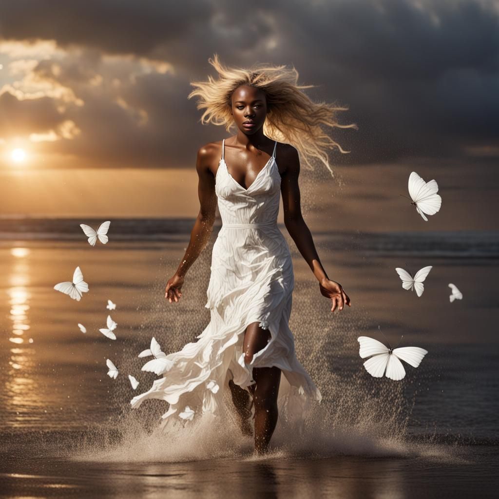 A young black woman dressed in a torn white dress, the dress...