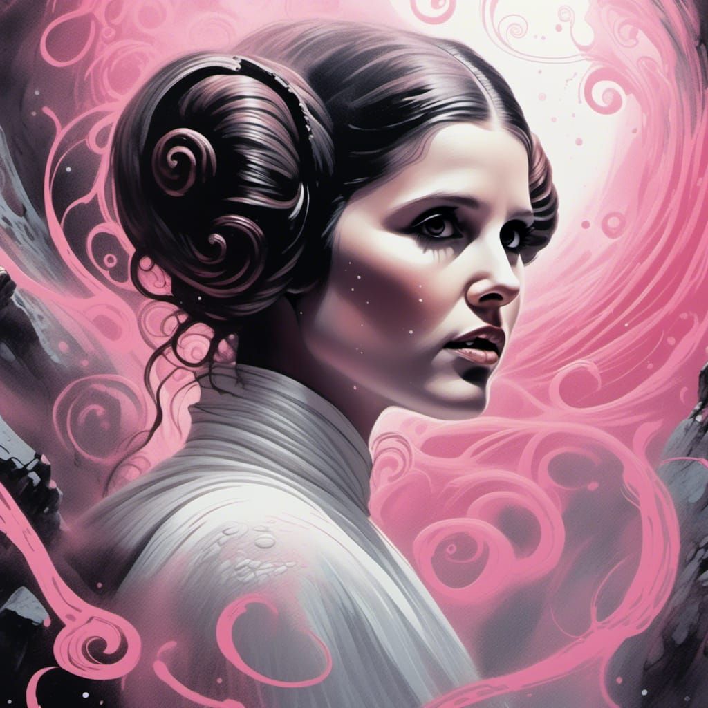 Close-up of Princess Leia  poking her head out from a mine.  pink moonlight and haze, messy random swirls ++, Nick Park , Jock, gothic, intr...