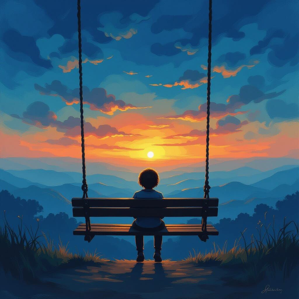 A solitary child sits on a weathered wooden swing, gazing at a distant, glowing horizon. The scene is rendered with thick, textured brushstr...