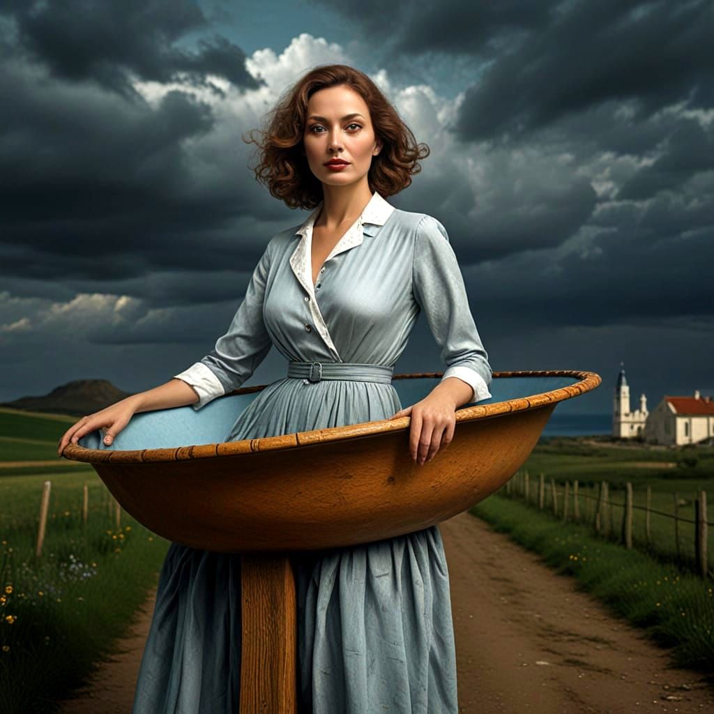 Surrealistic Portrait of a Joyful 40-Year-Old Lady