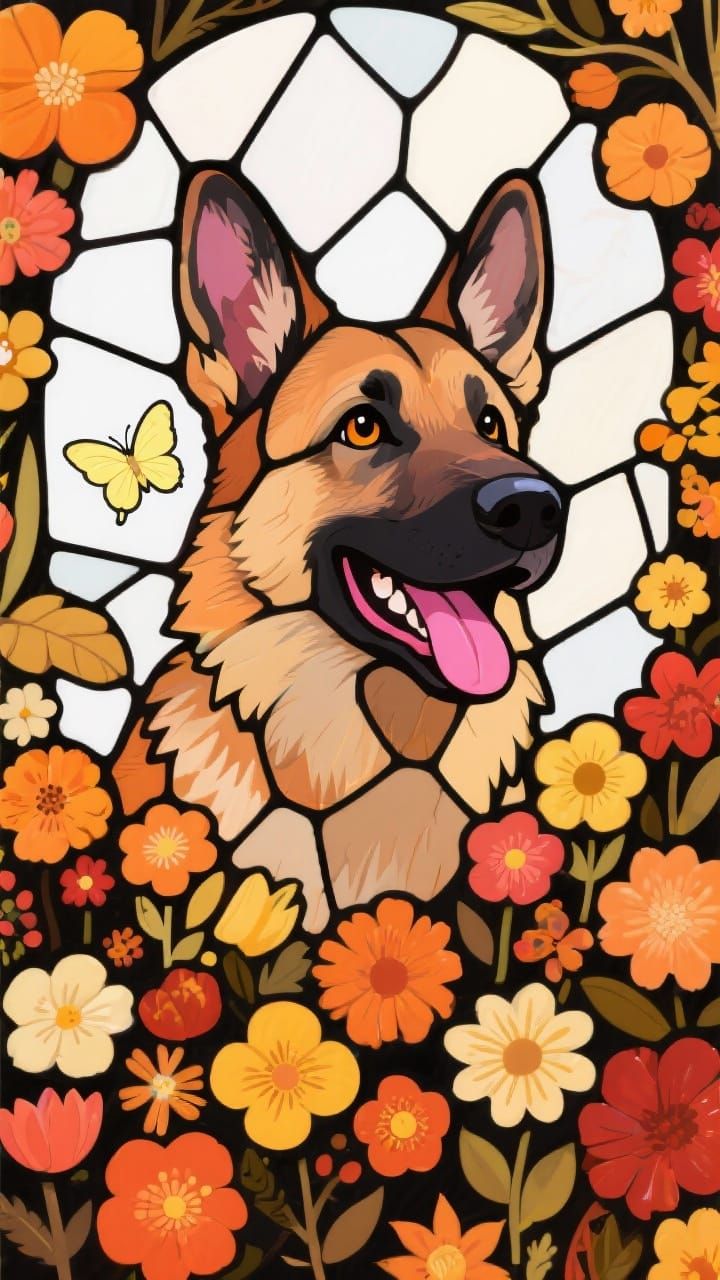 Stained glass german shepherd dog image The main character of the photo, occupies the center. Expression: open mouth, pink tongue, bright ey...
