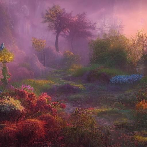 rural mystic garden in bright light of golden hour