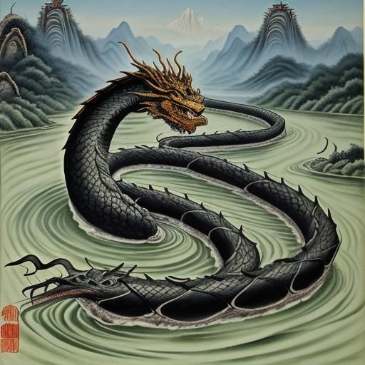 Chinese Ink Dragon Crossing River in Song Dynasty Style