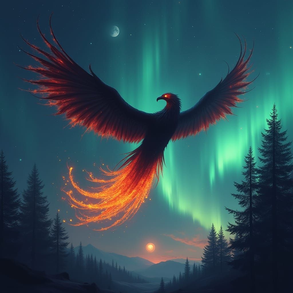 A horror fantasy painting of a scary but beautiful dark phoenix with black and glowing flames for wings soaring through an aurora borealis-f...
