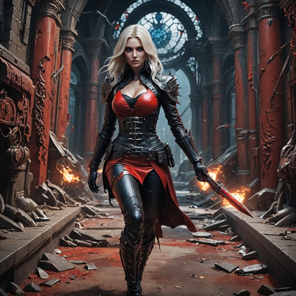 Beautiful Susan Wayland girl red leather outfit black long h...