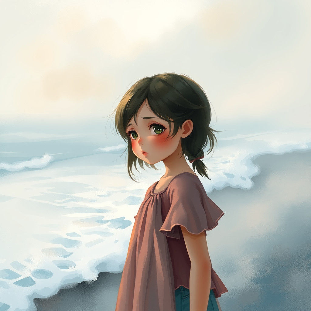 Contemplative Girl at Misty Shoreline in Dreamy Digital Art