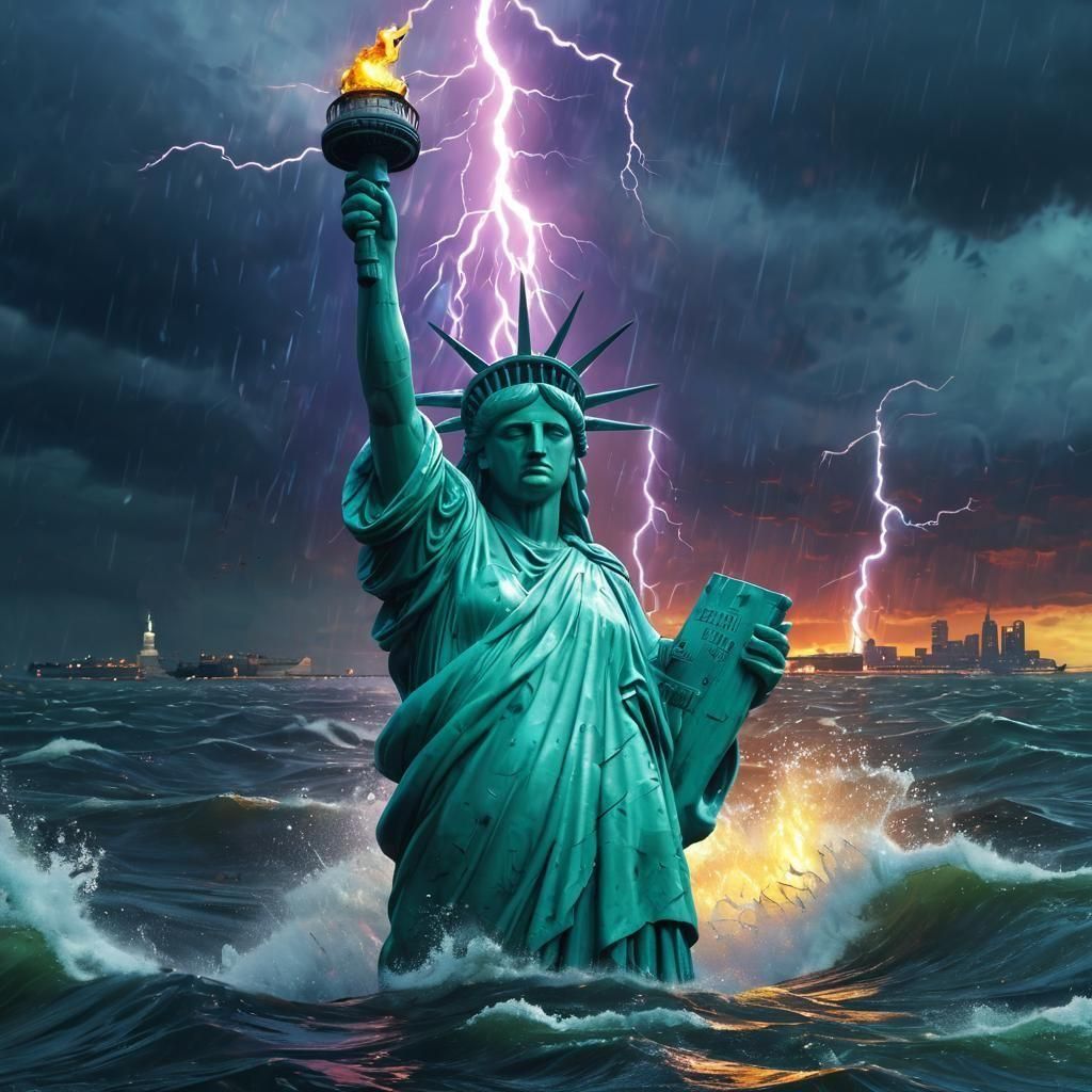 Statue of Liberty crying sinks into the sea,storm ,rain,lightning, Pixar, Disney, concept art, 3d digital art, Maya 3D, ZBrush Central 3D sh...