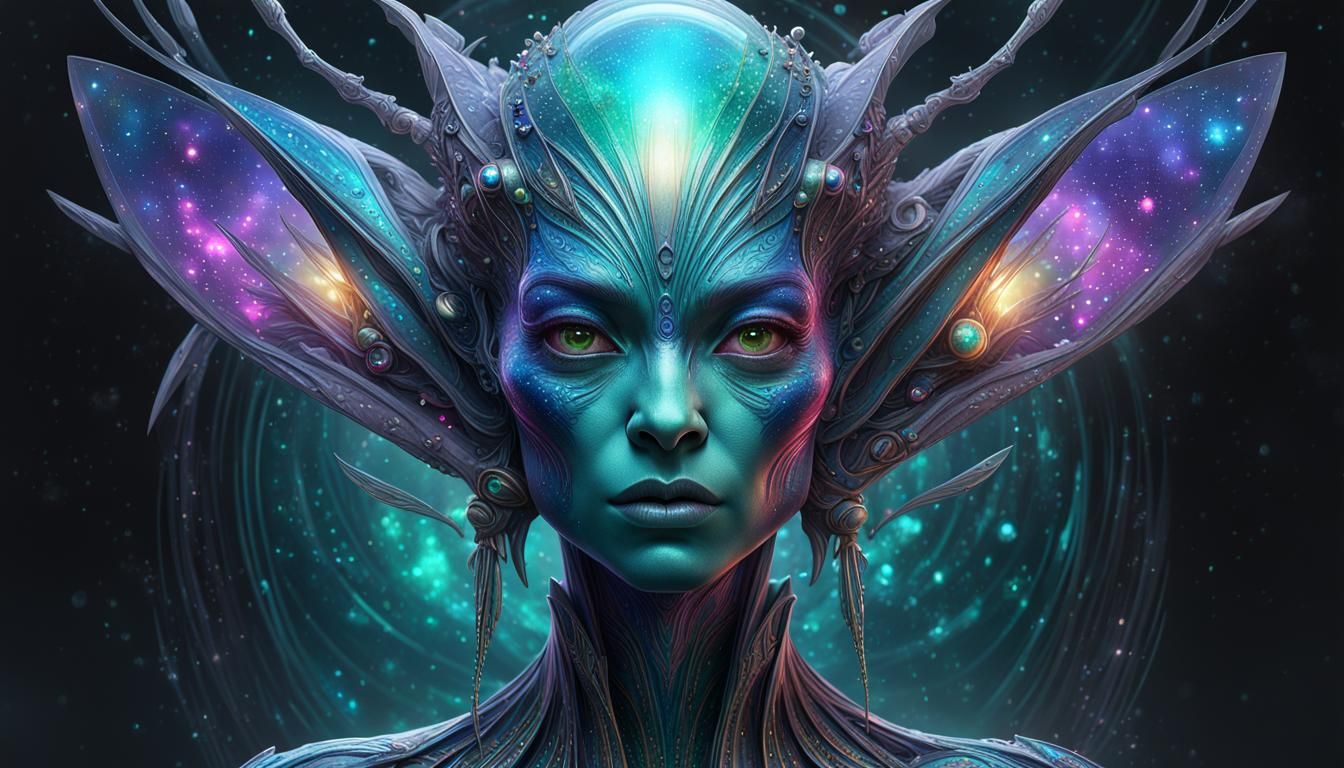 Shimmering, sparkly, glittering, galactic, bejewelled, iridescent, fairy-dusted alien