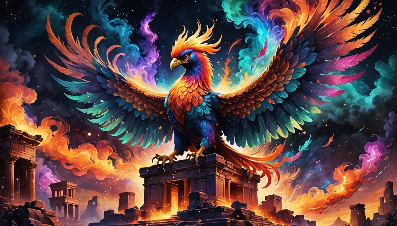 mythical phoenix rising, vibrant feathers ablaze, celestial ...