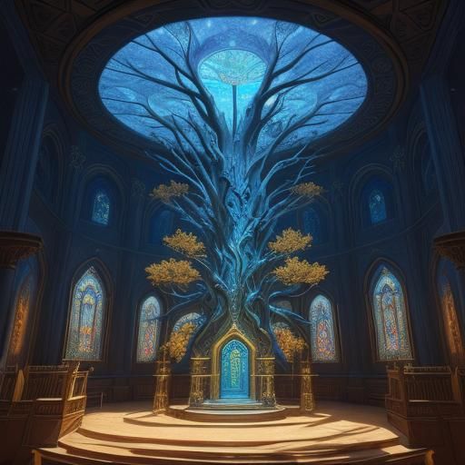 Mystical Synagogue Interior with Glowing Tree of Life