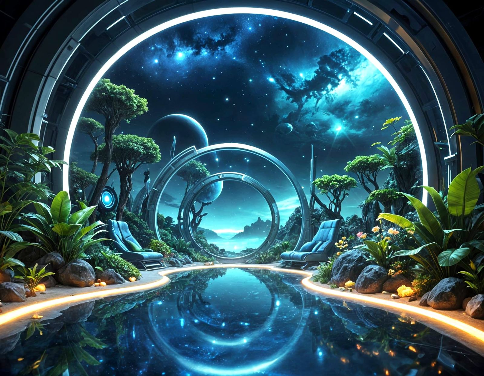 A sci-fi futuristic indoor garden at the beach.