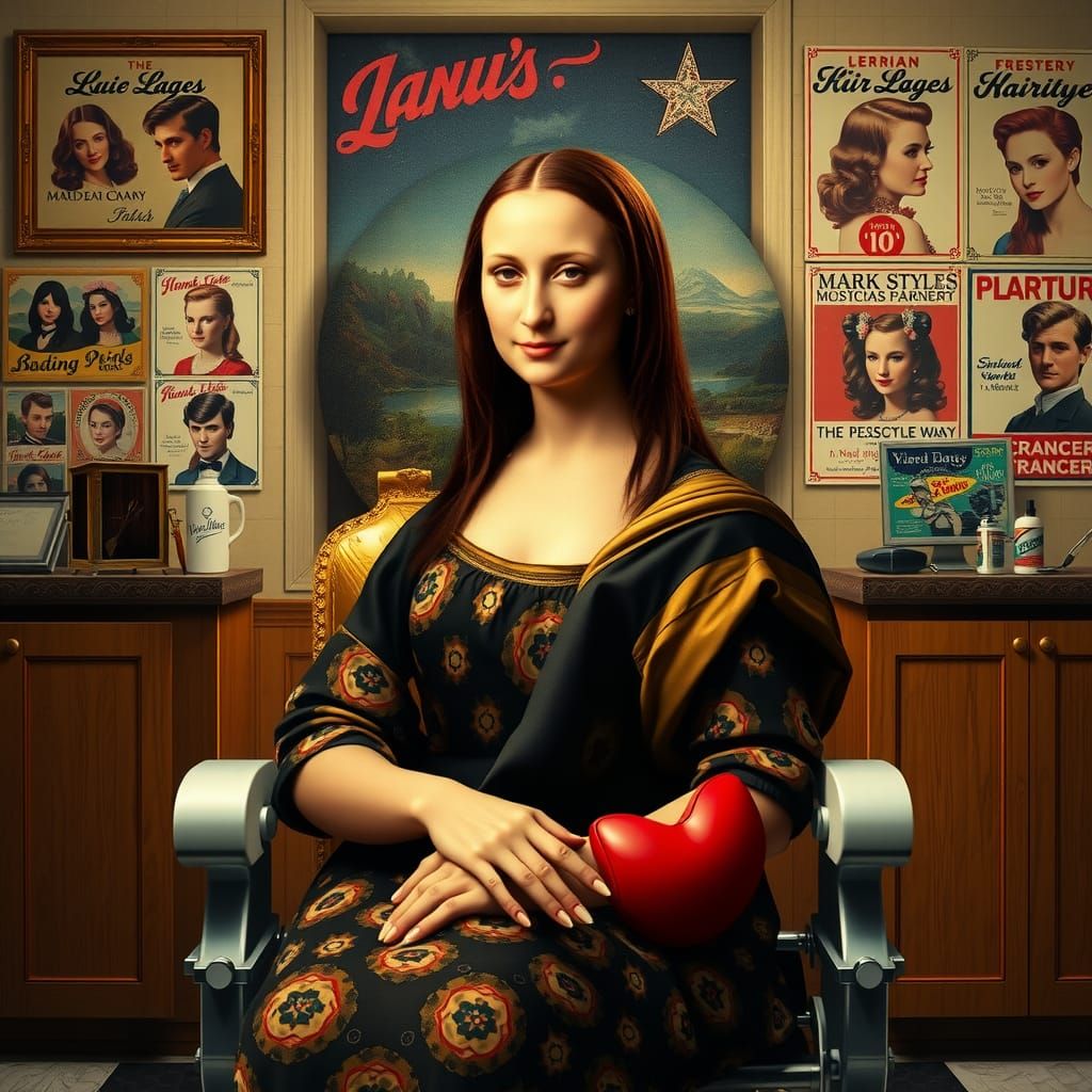 Mona Lisa in Mod Outfit at Barber Shop