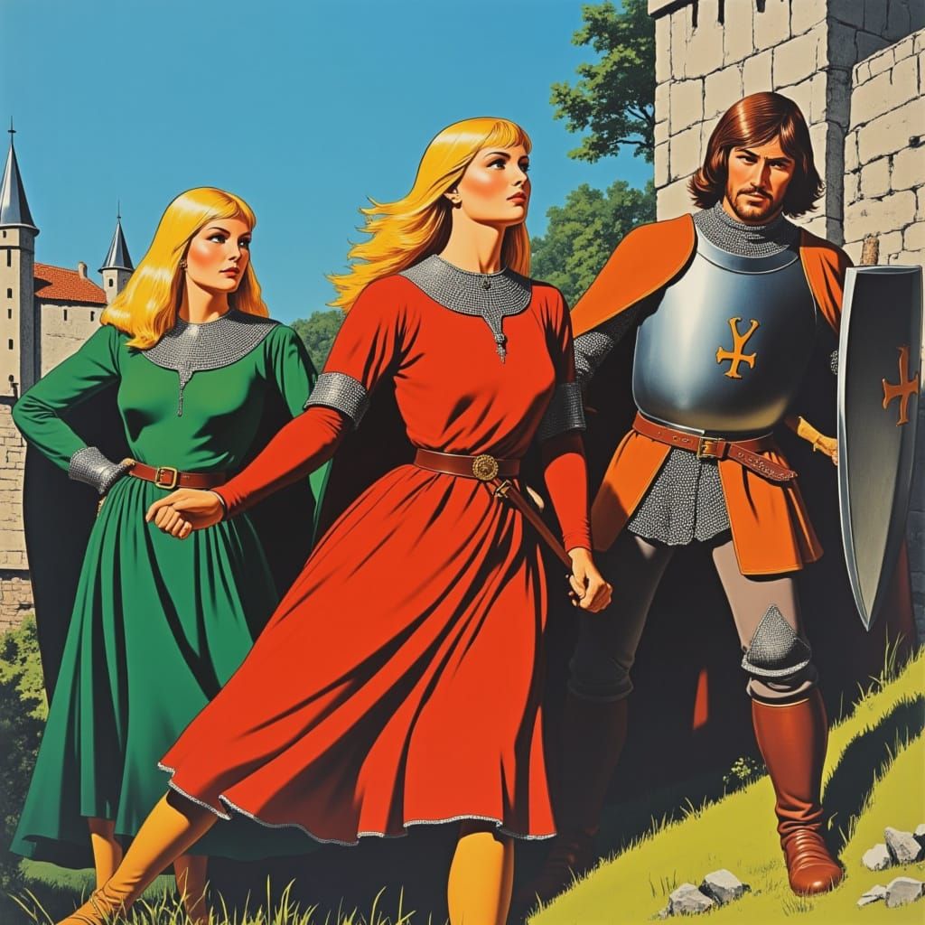 <lora:Medieval Pulp:1.0>
1970s vintage medieval pulp illustration