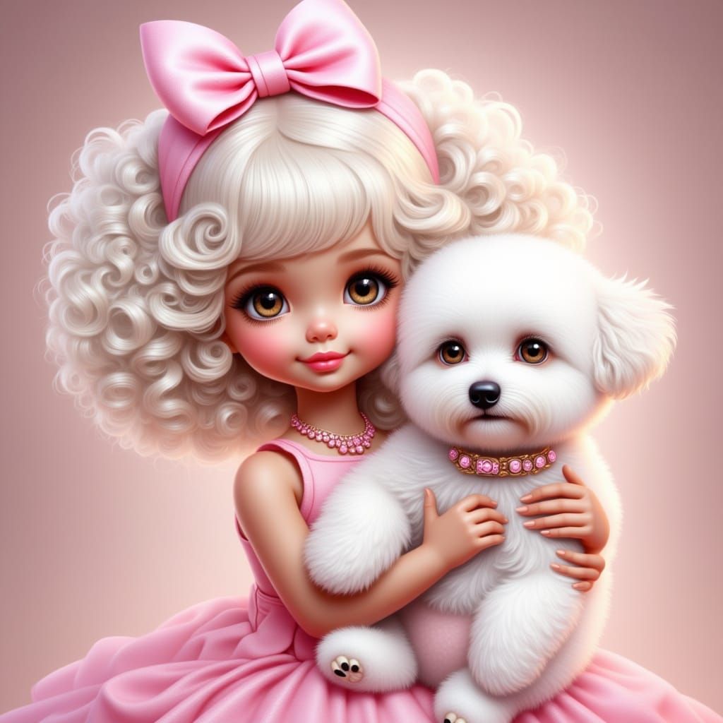 <lora:Pretty in Pink:1.0> <lora:FiosFantasyGlow:1.0> cute toddler and puppy 
with white fluffy curls,  large pink bow in hair.  brown eyes, ...