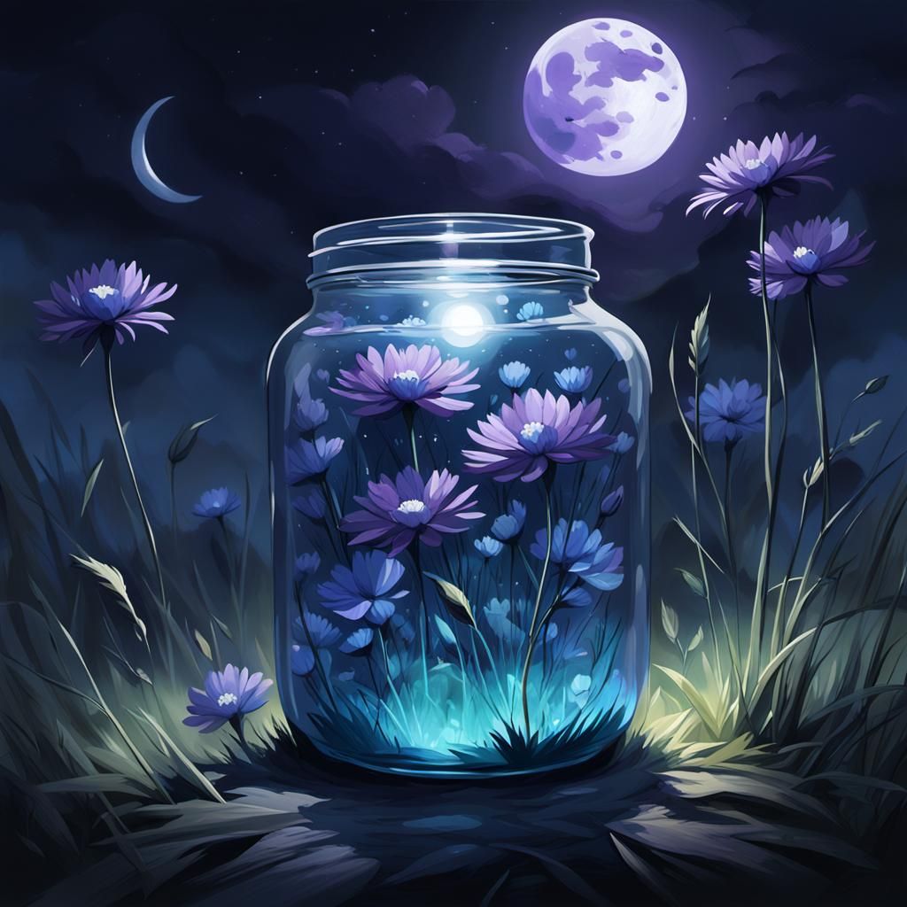 A clear jar filled with purple-blue flowers captivated by the bold moon's light. in a grass feild

  by @NotYourLover