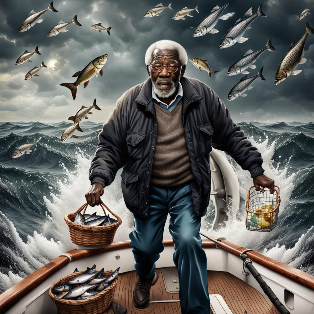 Grandpa trying to get back to his grandchildren while sailing through rough waters with a load of fish.