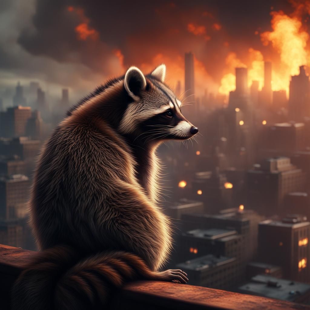 A tired raccoon looking out onto a burning world